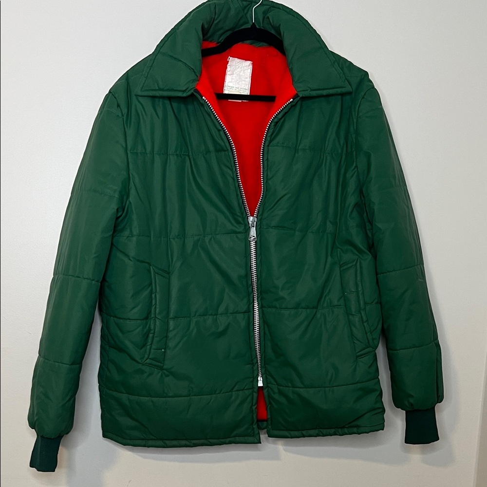 Green Puffer Jacket with Red Lining